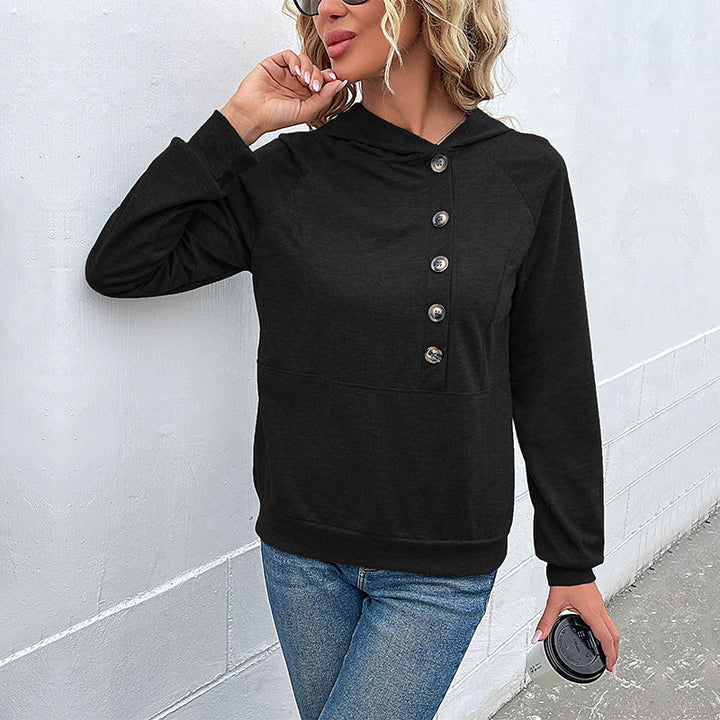 Damen Kapuzenpullover mit Zierknopfleiste, Raglanärmeln und Kängurutasche Echoarchiv