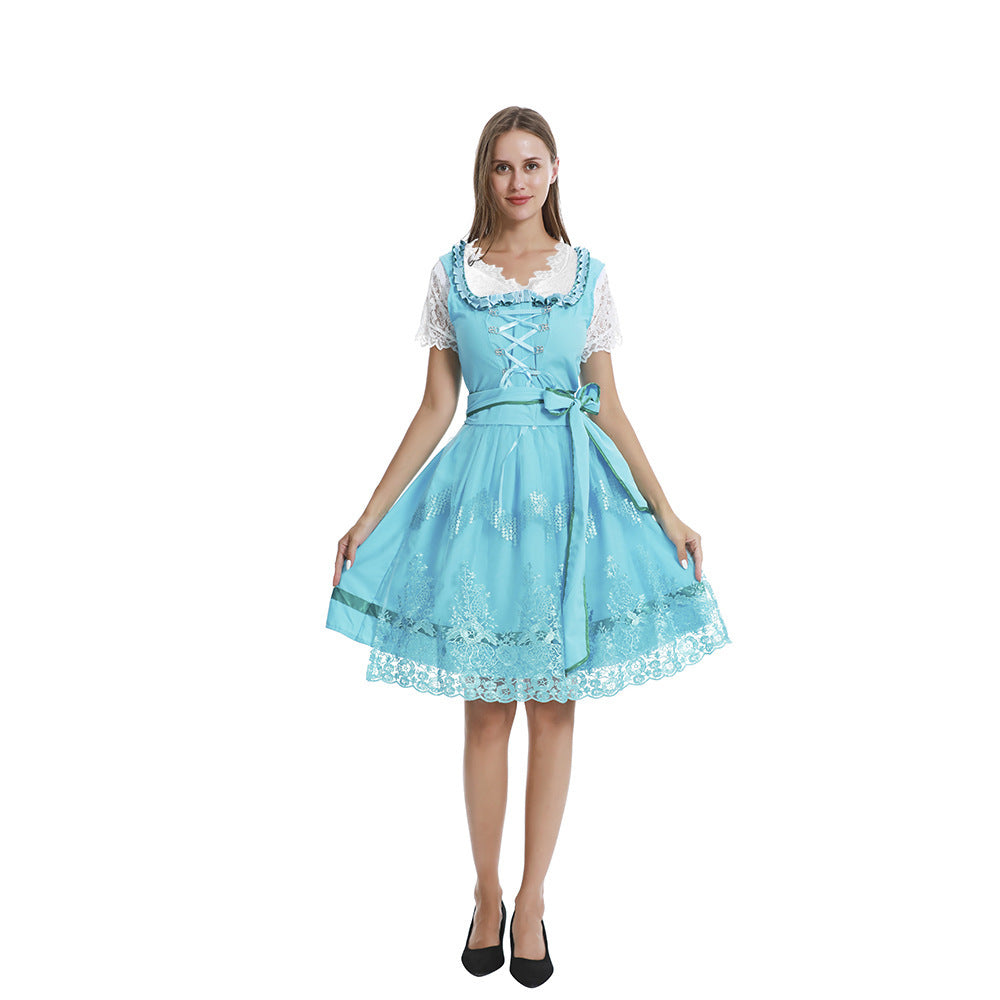 Damen nan romantisches Alpenkleid mit geschnürtem Mieder, Spitzeneinsatz und Taillenschärpe Echo Archiv
