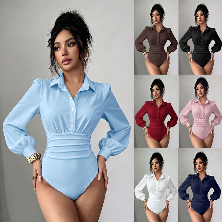 Damen Hemd-Body mit taillierter Raffung und Puffärmeln Echo Archiv