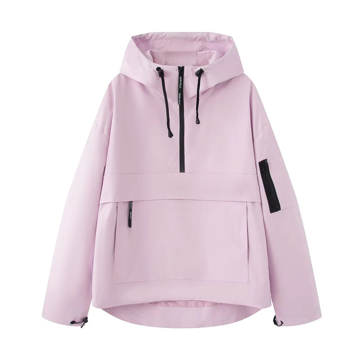 Damen nan winddichte Anorak-Pulloverjacke mit Kapuze, halbem Reißverschluss und großer Kängurutasche Echo Archiv