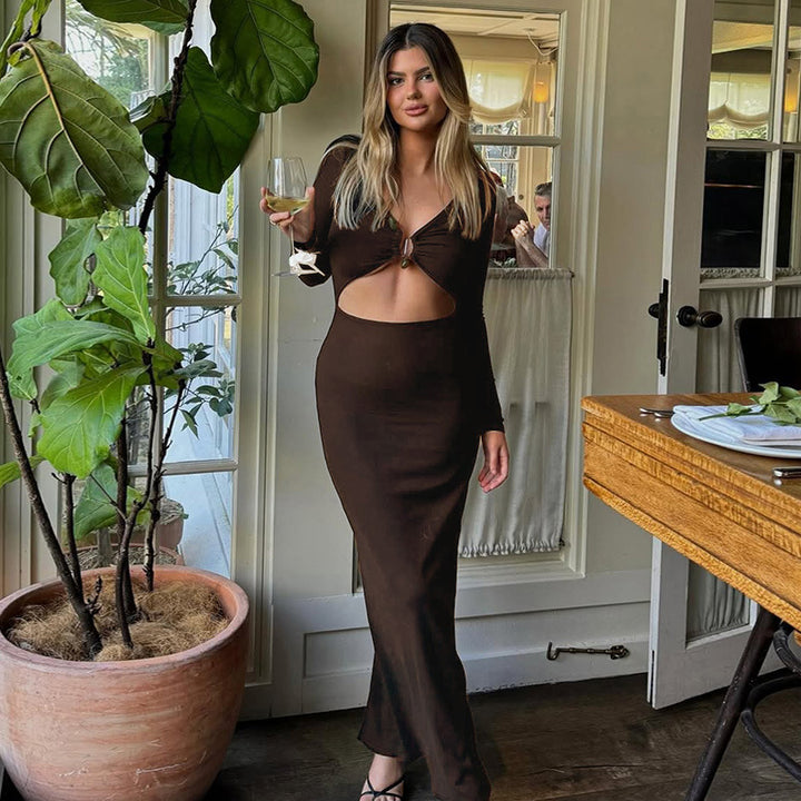 Damen elegantes langes Kleid mit Raffung und tiefem V-Ausschnitt Echo Archiv