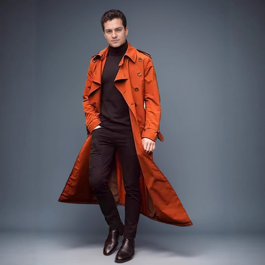 Herren Wasserabweisender Long-Trenchcoat mit doppelter Knopfleiste, Schulterklappen und verstellbarem Taillengürtel Echoarchiv