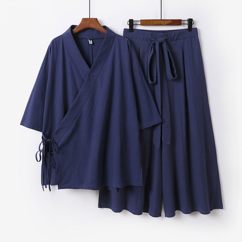 Damen Kimono-Loungewear-Set aus leichter Viskose mit Wickeloberteil und weitem Culotte-Hosenrock Echoarchiv