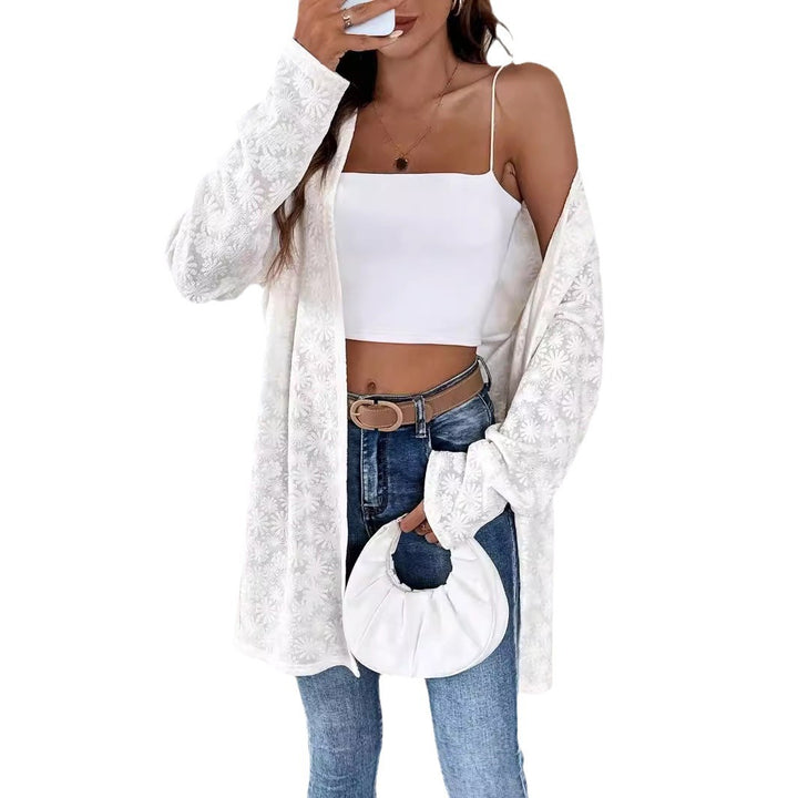 Damen nan fein bestickter Langcardigan aus semi-transparenter Spitze mit floralem Strukturrelief Echo Archiv