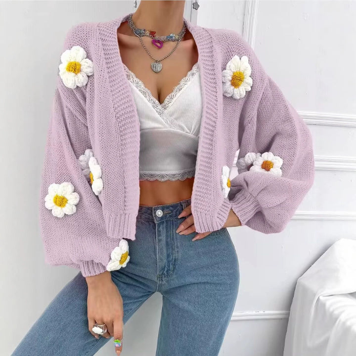 Damen Kurzgeschnittener Grobstrick-Cardigan mit 3D-Blütenapplikationen – Veloura