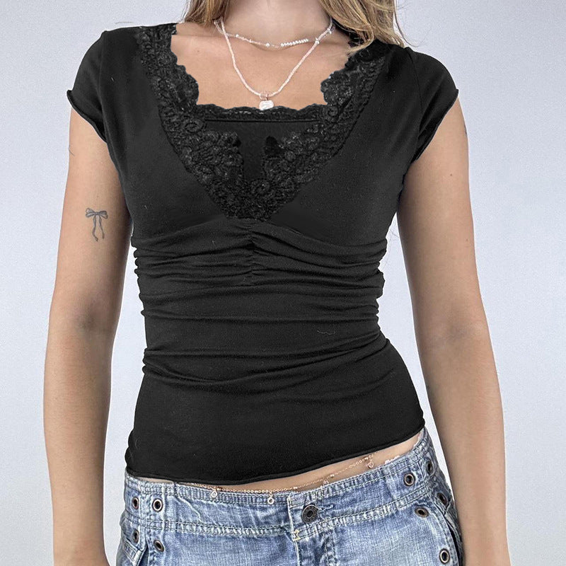 Damen elegantes Spitzenoberteil mit ruched Design und V-Ausschnitt Echo Archiv