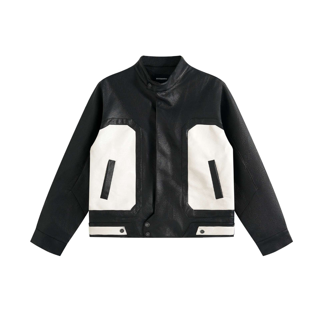 Unisex Boxy-Colorblock-Bomberjacke aus Lederoptik mit hohem Stehkragen Echoarchiv