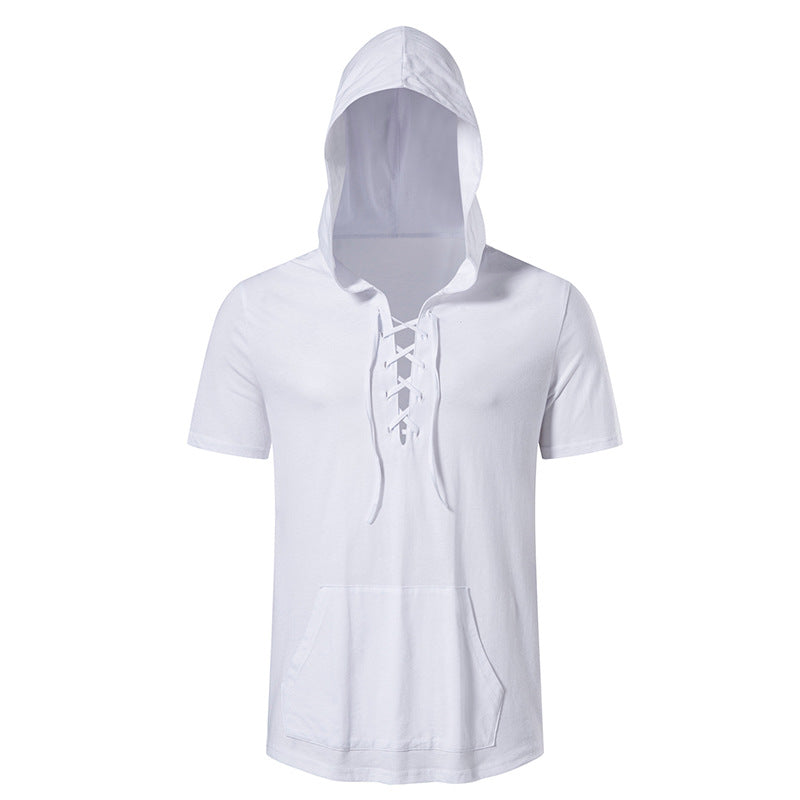 Herren Kurzarm-Hoodie mit lässigem Lacing-Design und praktischer Kängurutasche Echoarchiv