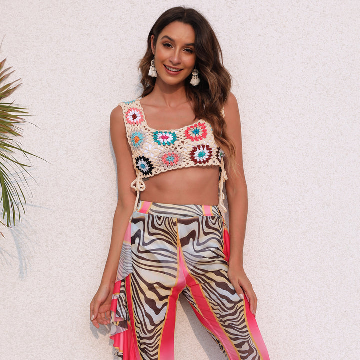 Damen gehäkeltes Crop-Top mit bunten Blumenmotiven Echo Archiv