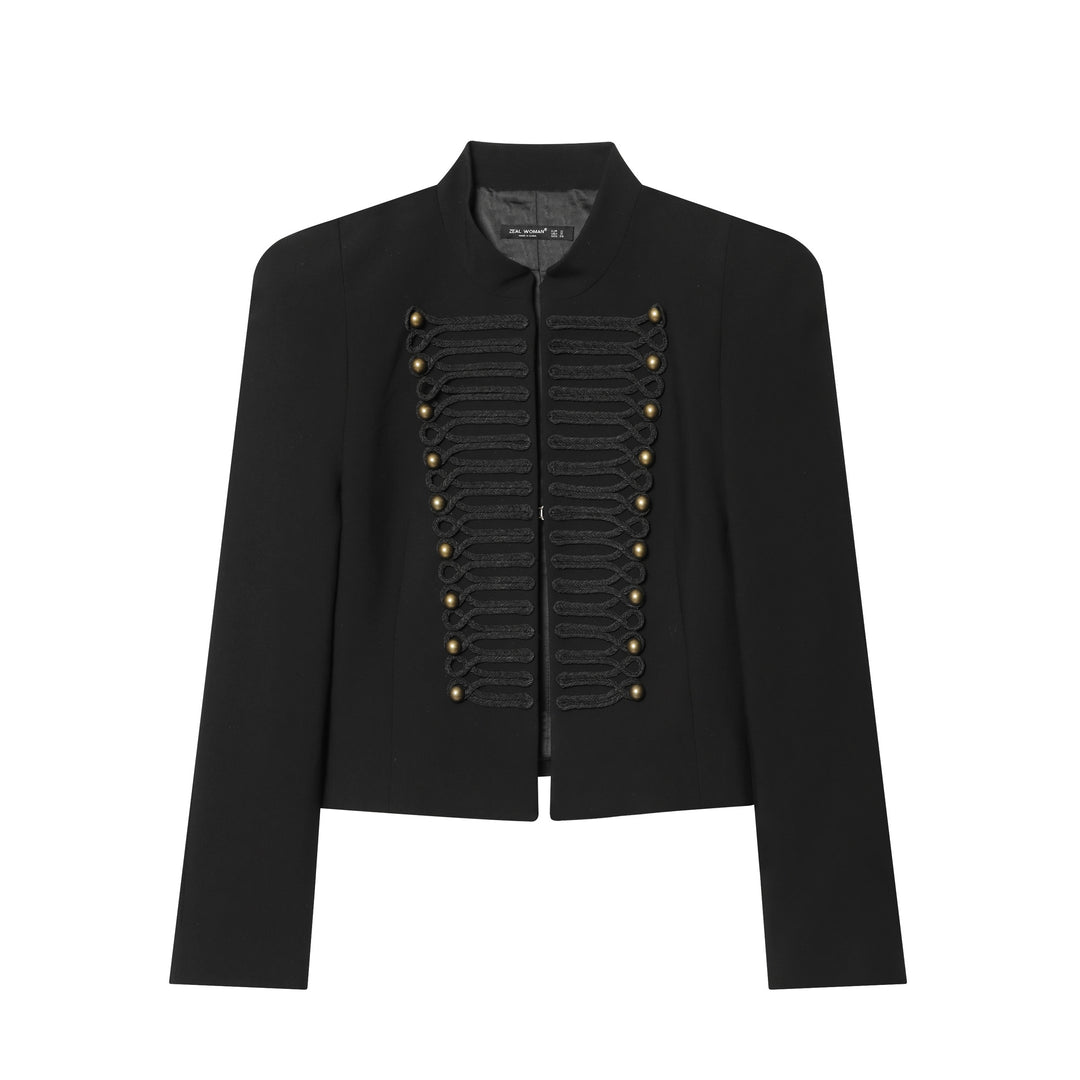 Damen militarisch inspirierte Kurzjacke mit dekorativem Kordelbesatz und Stehkragen – Célinea