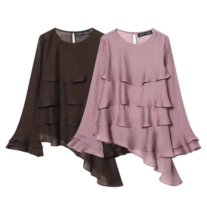 Damen 50+ mehrlagige Volant‑Bluse mit asymmetrischem Saum und Glockenärmeln Echo Archiv
