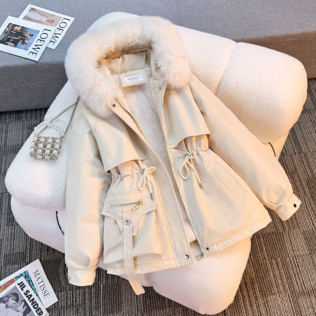 Damen nan kurze gefütterte Parka mit Kunstpelzkragen Teddyfutter Taillenzug und Multifunktions-Taschen Echo Archiv