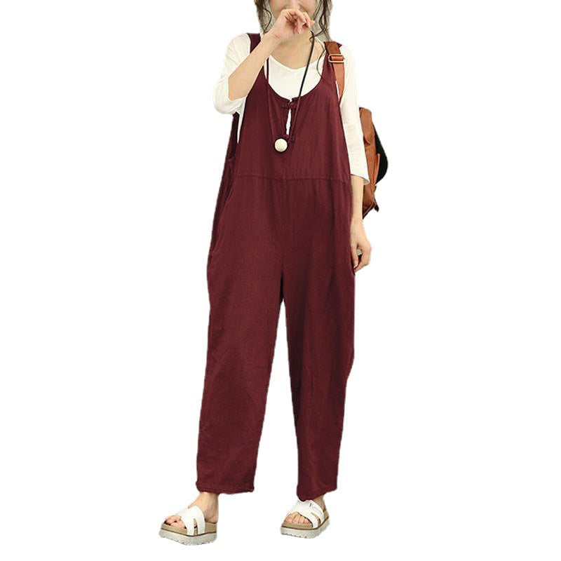 Damen Lässiger Harem-Overall aus Leinen mit verstellbaren Trägern und Seitentaschen Echo Archiv