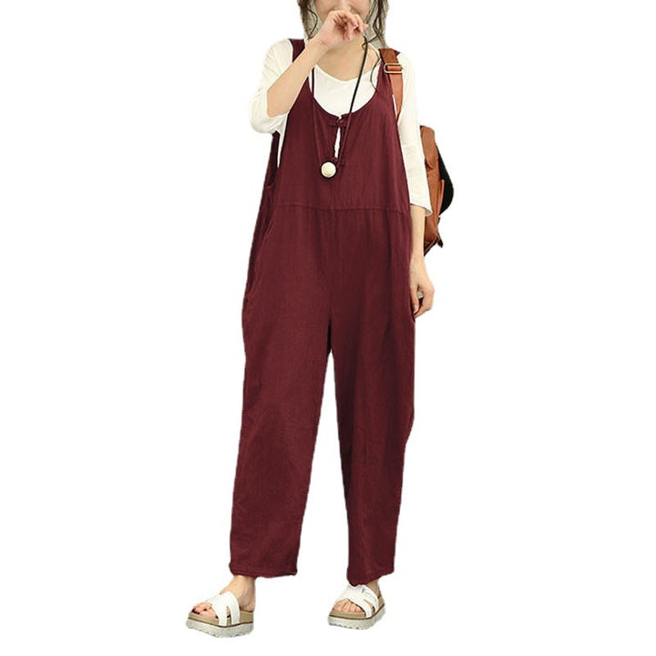 Damen Lässiger Harem-Overall aus Leinen mit verstellbaren Trägern und Seitentaschen Echo Archiv