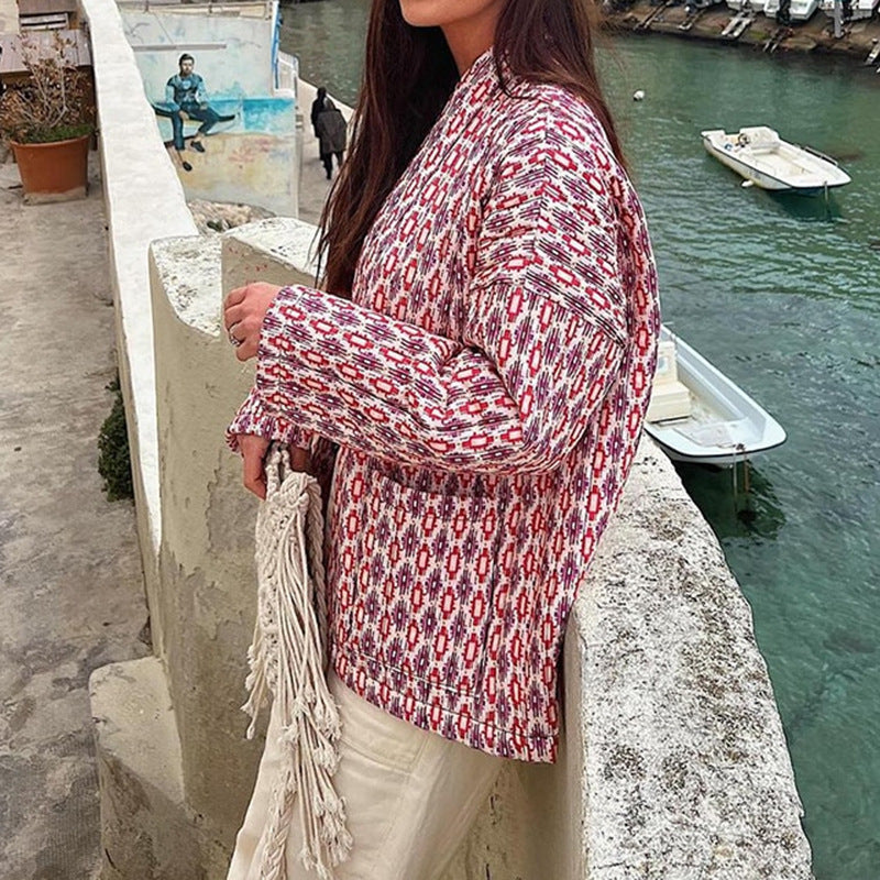 Damen Gemusterte Kimono-Steppjacke mit offener Front und aufgesetzten Taschen Echo Archiv
