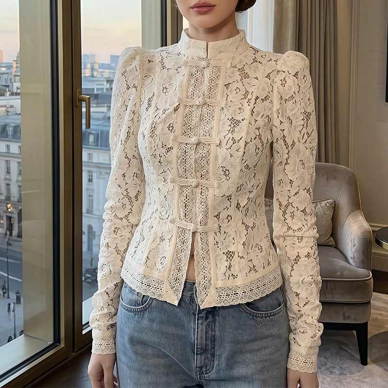 Damen Spitzenbluse mit strukturierten Details und elegantem Stehkragen Echo Archiv