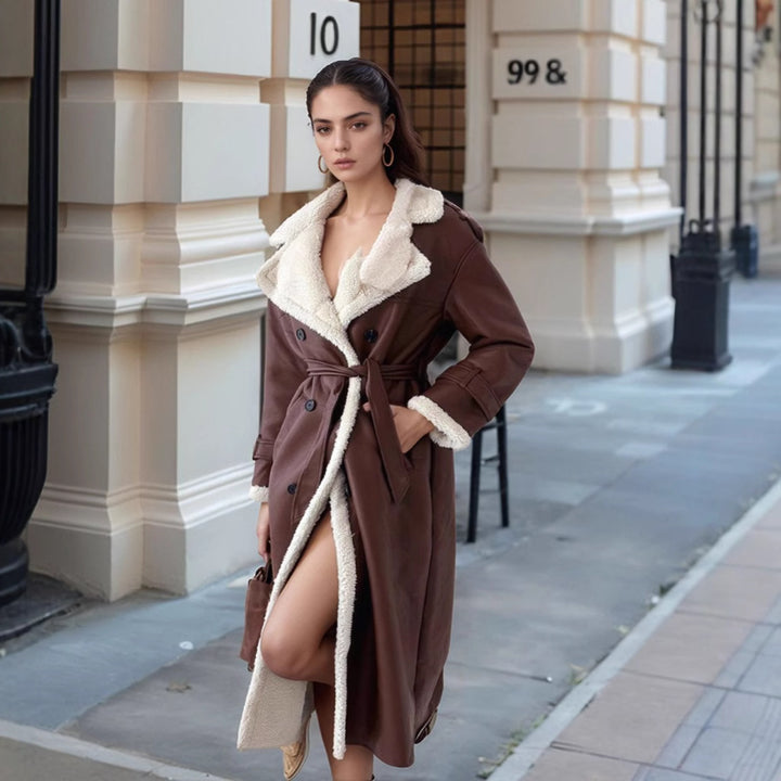 Damen Langer Mantel im Trenchstil mit Teddyfutter und taillierter Silhouette Echoarchiv
