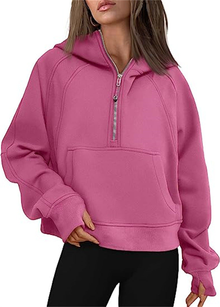 Damen Oversize-Hoodie mit halbem Reißverschluss, Kängurutasche und Daumenlöchern – Auréline