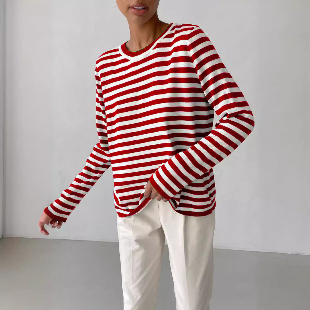 Damen nan gestreifter Baumwollpullover mit Rundhals und legerer Passform Echo Archiv