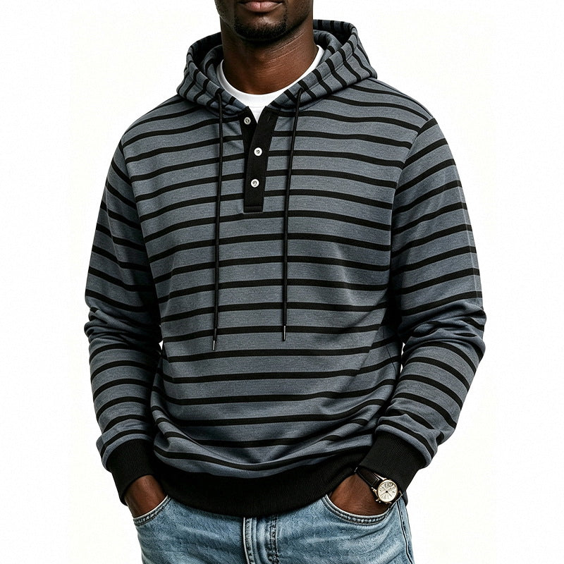 Herren Kapuzenpullover mit Henley-Knopfleiste und feinem Streifenstrukturmuster Echoarchiv