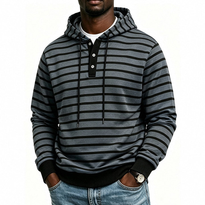 Herren Kapuzenpullover mit Henley-Knopfleiste und feinem Streifenstrukturmuster Echoarchiv