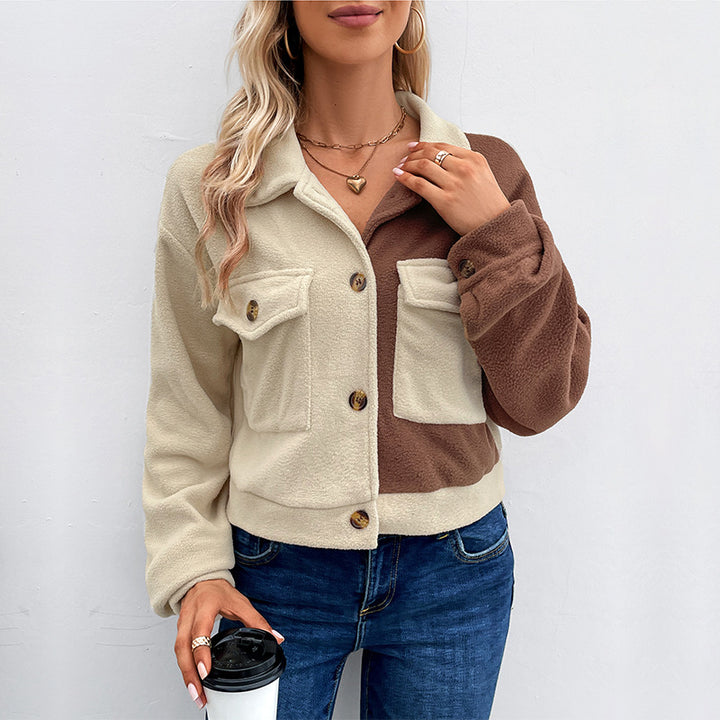 Damen Gekürzte Teddyjacke mit farbblockierten Ärmeln und Brusttaschen Echoarchiv