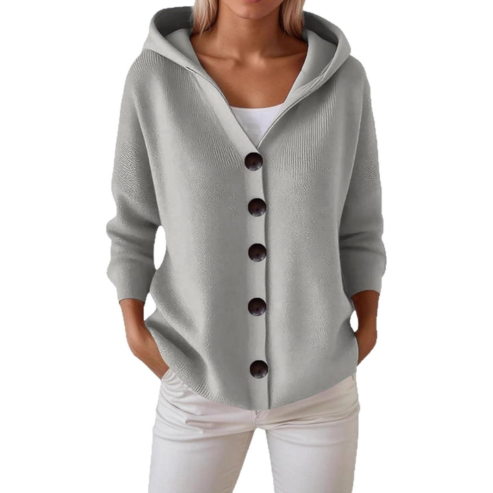 Damen Kapuzen-Strickjacke mit großen Holzknöpfen und seitlichen Eingrifftaschen – Veloura