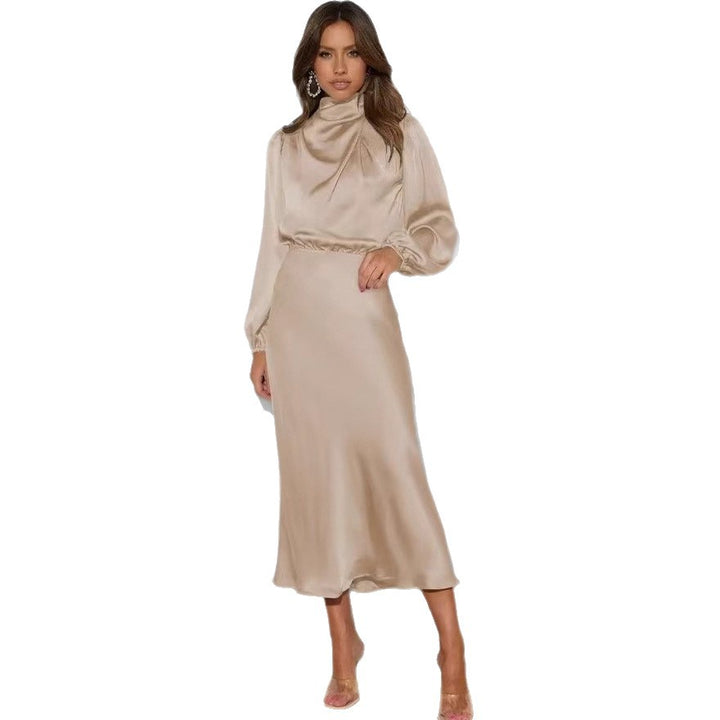 Damen Elegantes Satin-Midikleid mit Stehkragen, Blouson-Oberteil und fließendem Rock – Élara