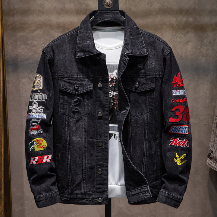 Herren Modische Denimjacke mit kreativen Patches Echoarchiv