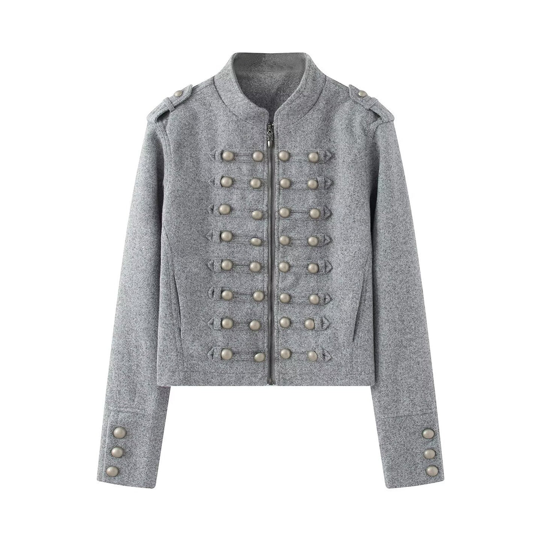 Damen Kurzgeschnittene Militärjacke mit Perlenbesatz und Stehkragen Echoarchiv