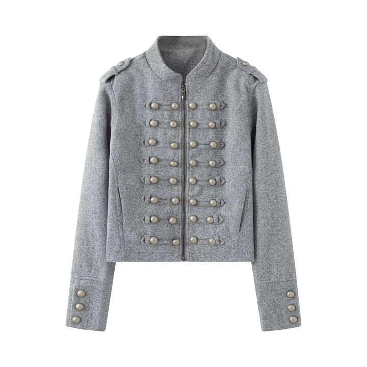 Damen Kurzgeschnittene Militärjacke mit Perlenbesatz und Stehkragen Echoarchiv