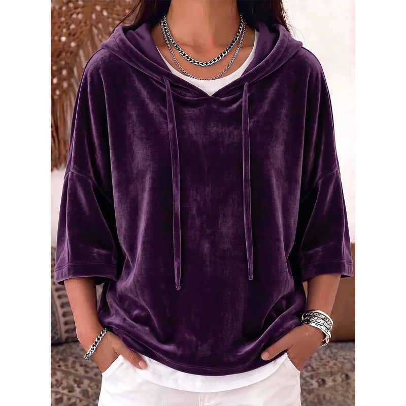 Damen Oversize Samt-Halbarm-Hoodie mit Kordelzug und Taschen Echoarchiv