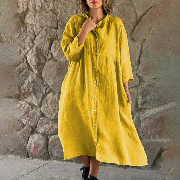 Damen Locker Midi Kleid aus Leinenmischung mit durchgehendem Knopfleiste und Seitentaschen – Élara