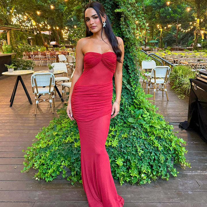 Damen Elegantes trägerloses Maxikleid mit raffiniertem Drapé und transparenten Einsätzen Echo Archiv
