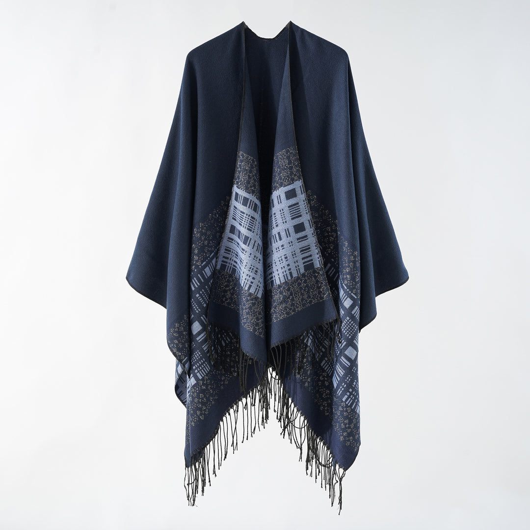 Damen Wollmix-Schulterponcho mit Jacquardmuster und Fransensaum Echo Archiv