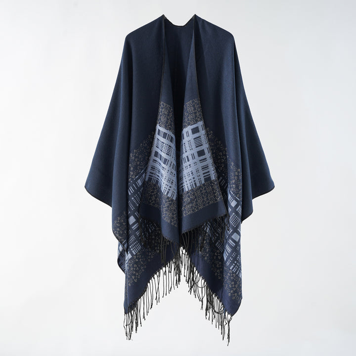Damen Wollmix-Schulterponcho mit Jacquardmuster und Fransensaum Echo Archiv