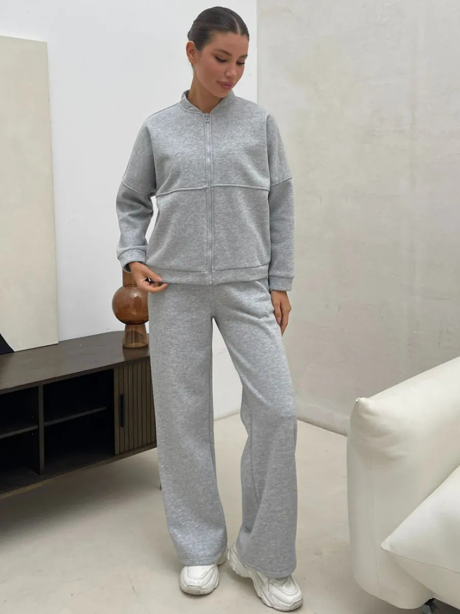 Damen lässiges Zip-Lounge-Set mit Stehkragen und weitem Highwaist-Joggpant – Auréline