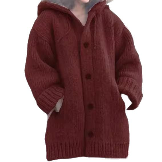 Damen weit geschnittener Kapuzen-Strickmantel mit Knopfleiste und Eingrifftaschen Echo Archiv