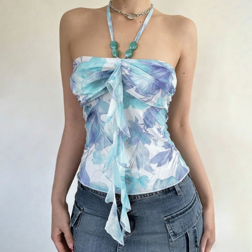 Damen Neckholder-Bluse mit floralem Design und raffiniertem Lockenabschluss Echo Archiv