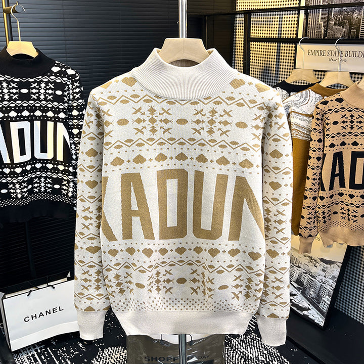 Herren Rollkragenpullover mit Norweger-Jacquard und großflächigem Logoprint Echoarchiv