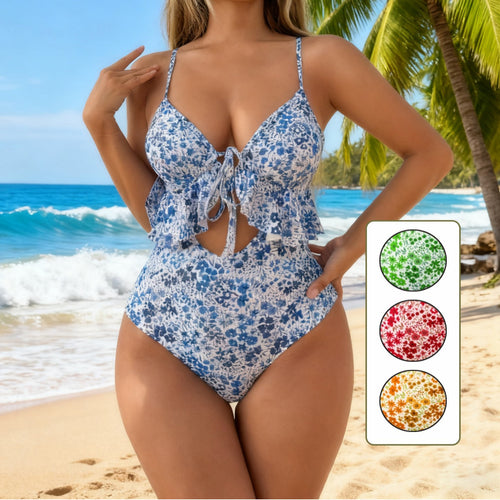 Damen Eleganter zweifarbiger Badeanzug mit Rüschendetail Echo Archiv
