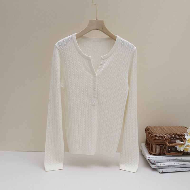 Damen Feines Zopfmuster-Henley-Feinstrickshirt mit Rundhals & Knopfleiste Echo Archiv