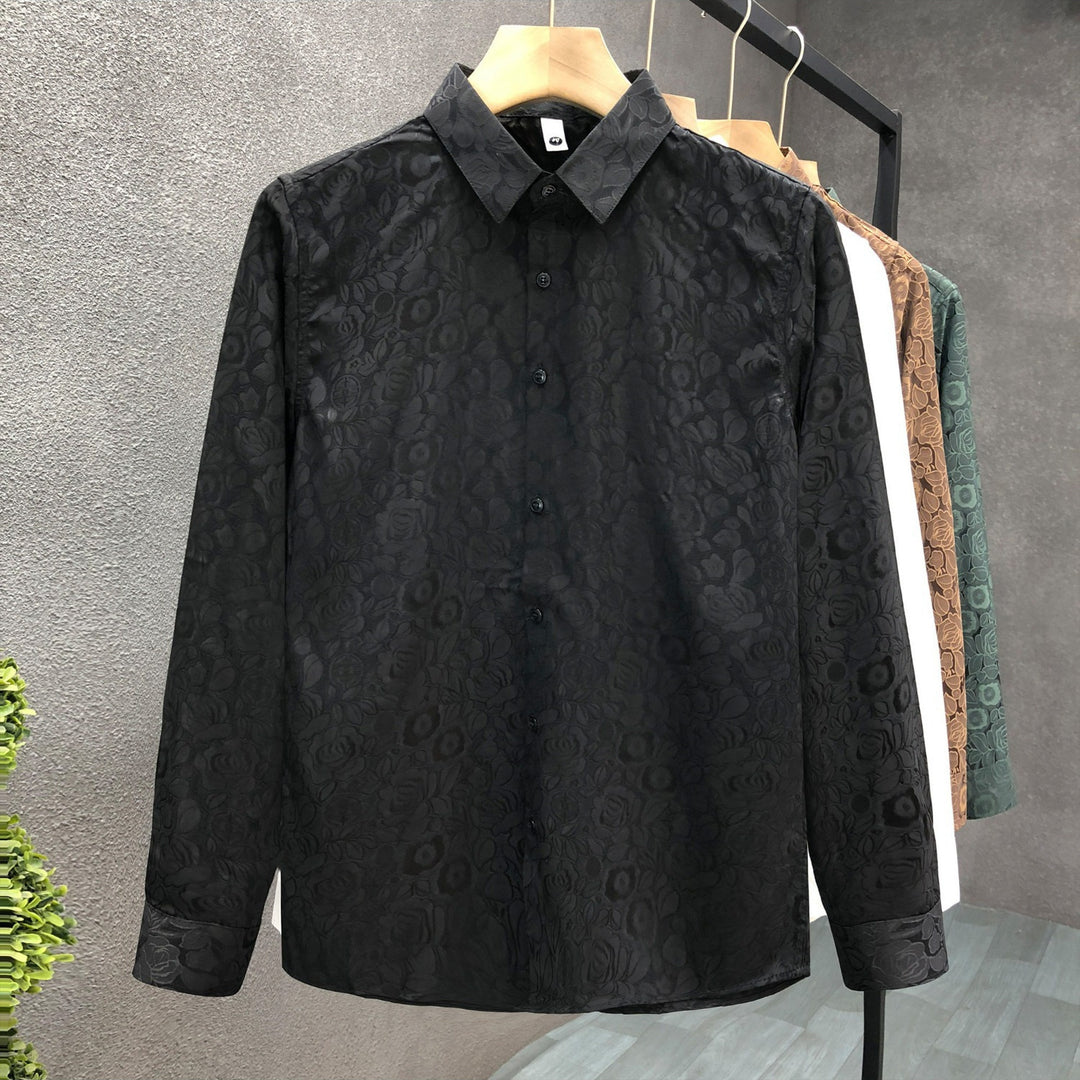 Herren Langärmeliges Jacquard-Hemd mit feinem Blumenrelief und Kentkragen – Arvello