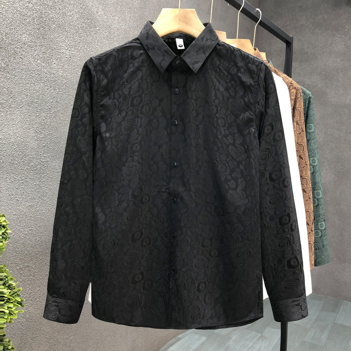 Herren Langärmeliges Jacquard-Hemd mit feinem Blumenrelief und Kentkragen – Arvello