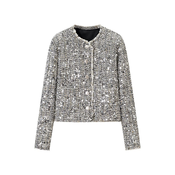 Damen Kurzjacke im Bouclé‑Stil mit Paillettenbesatz und Perlmuttknöpfen Echoarchiv