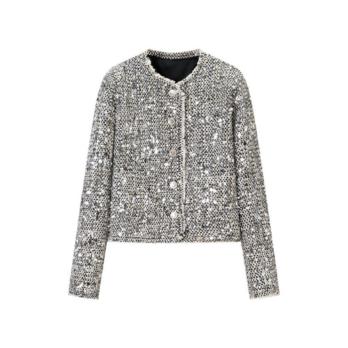 Damen Kurzjacke im Bouclé‑Stil mit Paillettenbesatz und Perlmuttknöpfen Echoarchiv