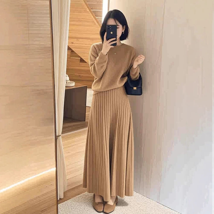 Damen Oversize-Strickpullover und plissierter Maxi-Rock Set Echoarchiv