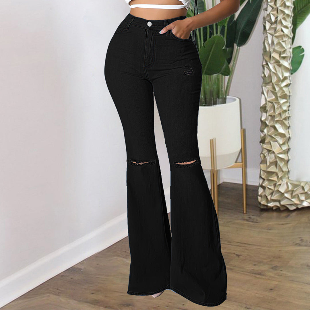 Damen Hochtaillierte Schlaghose aus Stretch‑Denim mit Knieausrissen und formendem Bund Echo Archiv