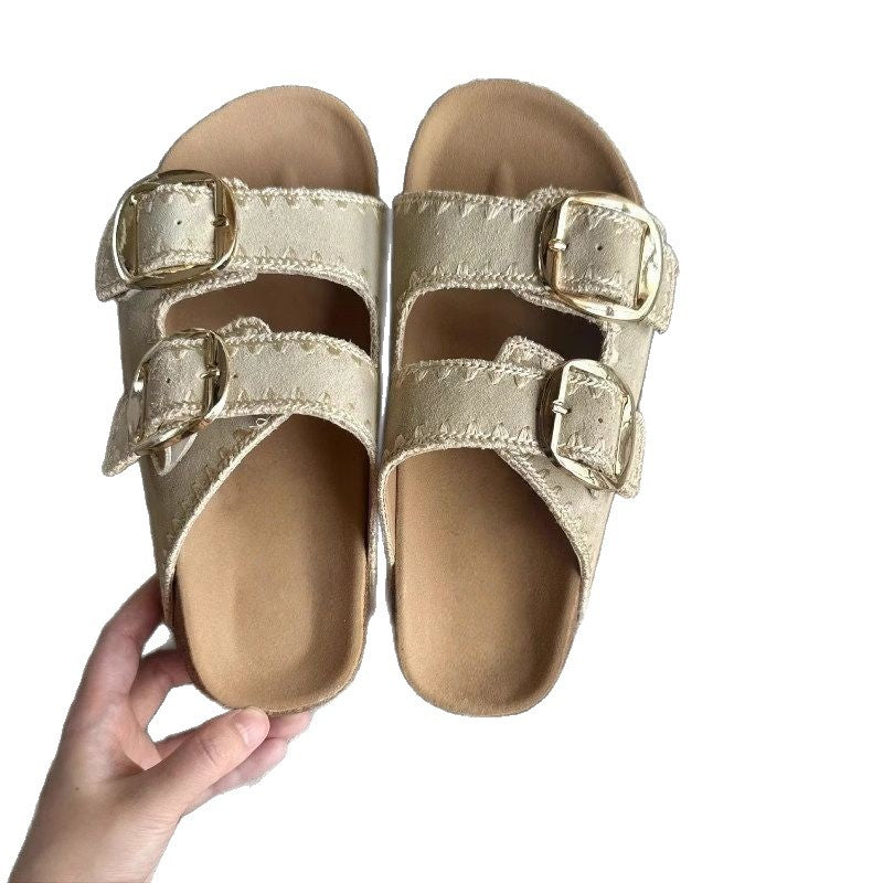 Damen Comfort-Sandalen mit zweifachen verstellbaren Riemen, gepolstertem anatomischem Fußbett und goldener Metallschnalle Echo Archiv