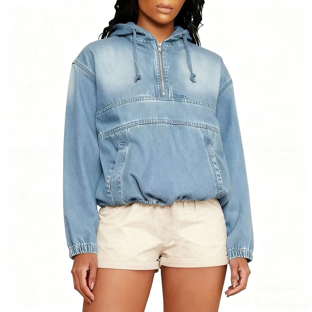 Damen Jeans-Hoodie mit halbem Reißverschluss, Kapuze und elastischem Saum Echo Archiv